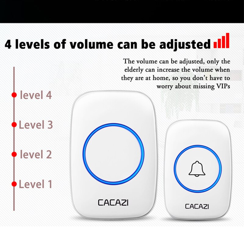CACAZI 5 levels 36 Chimes 110DB 300M Remote Wireless Doorbell Waterproof LED Light Door Bell Battery powered Smart Door Bell