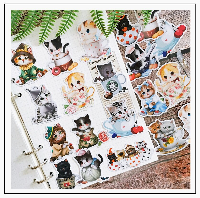 Cartoon kawaii teacup cat stickers DIY scrapbooking journal album happy planner crafts decorative stickers
