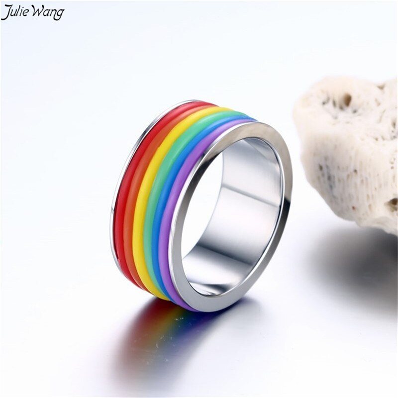 Julie wang 1pc regnbue ring rustfrit stål mænd homoseksuelle ringe lgbt statement smykker tilbehør 6-11us størrelse fine