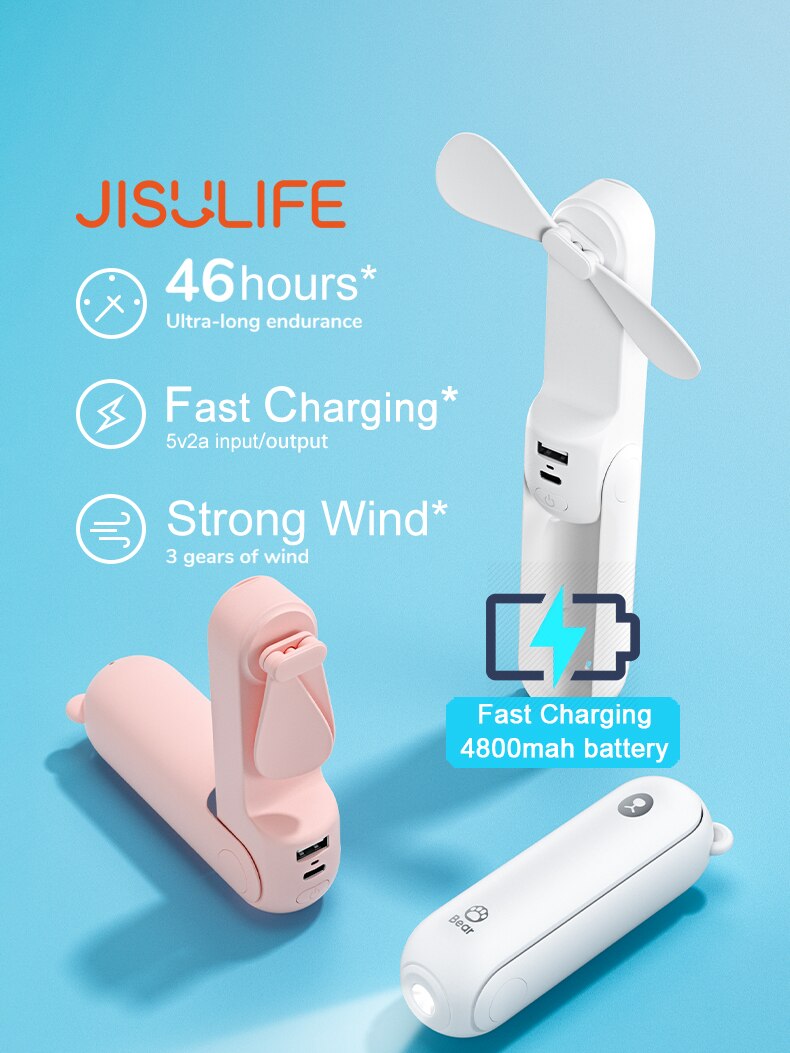 JISULIFE Portable Fold Fan PowerBank 4800mAh Charging Usb Fan Mini Fan Ventilador Air Condition with Ultra Bright Led Flashlight