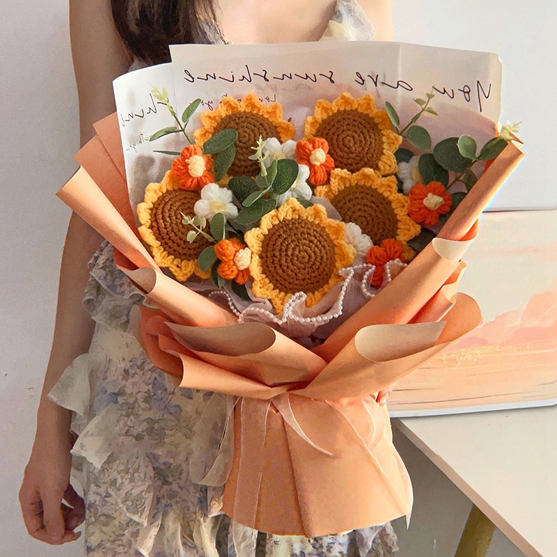 Ramo de ganchillo, ramo de flores para graduación, flor Artificial tejida, de boda, girasol acabado, graduación, de regreso a la escuela