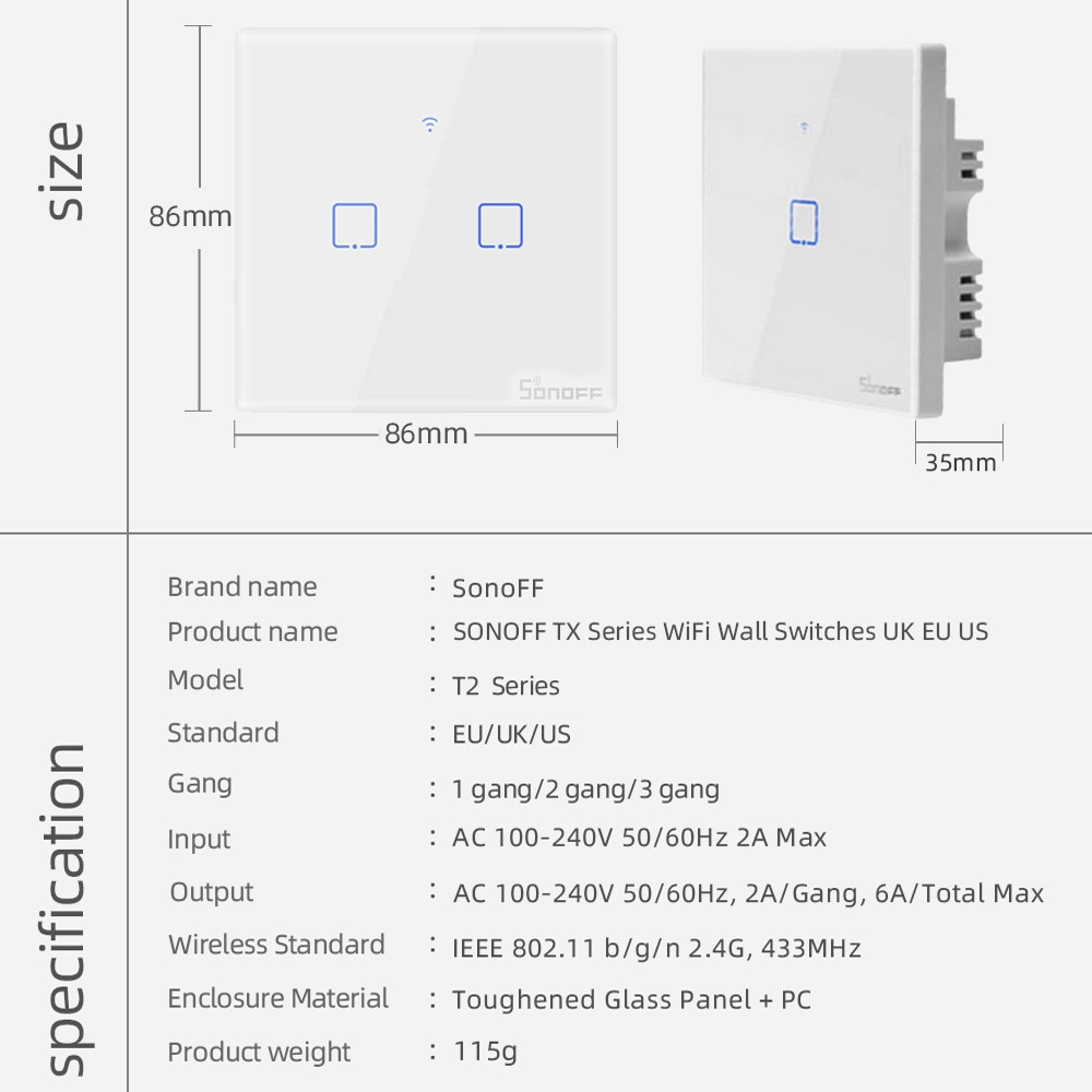 SONOFF TX/T2 EU/UK Inteligentny Włącznik Ścienny - 1/2/3-kanałowy, Sterowanie Głosowe, Wi-Fi, RF