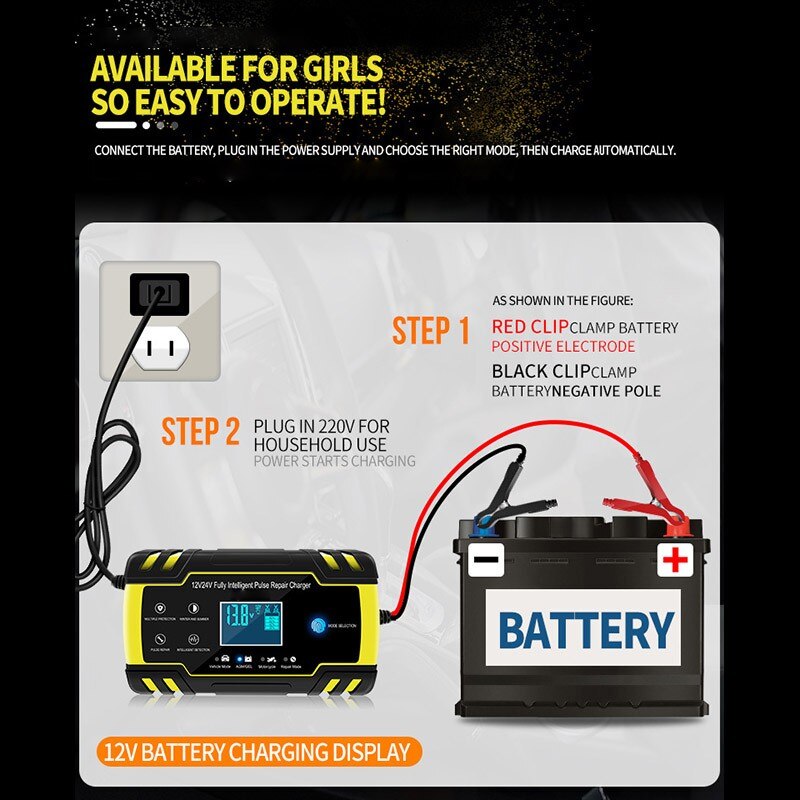 12V-24V 8A Volledige Automatische Auto Batterij Oplader Power Pulse Reparatie Laders Nat Droog Lood-zuur Batterij-Opladers Digitale Lcd Display