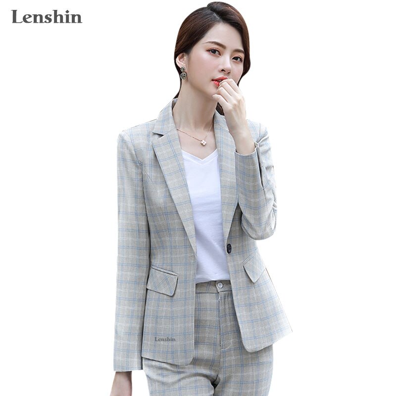 Lenshin 2 Piece Set Plaid Formal Pant Suit Blazer Office Lady Designs Women Soft Jacket and Ankle-Length Pant