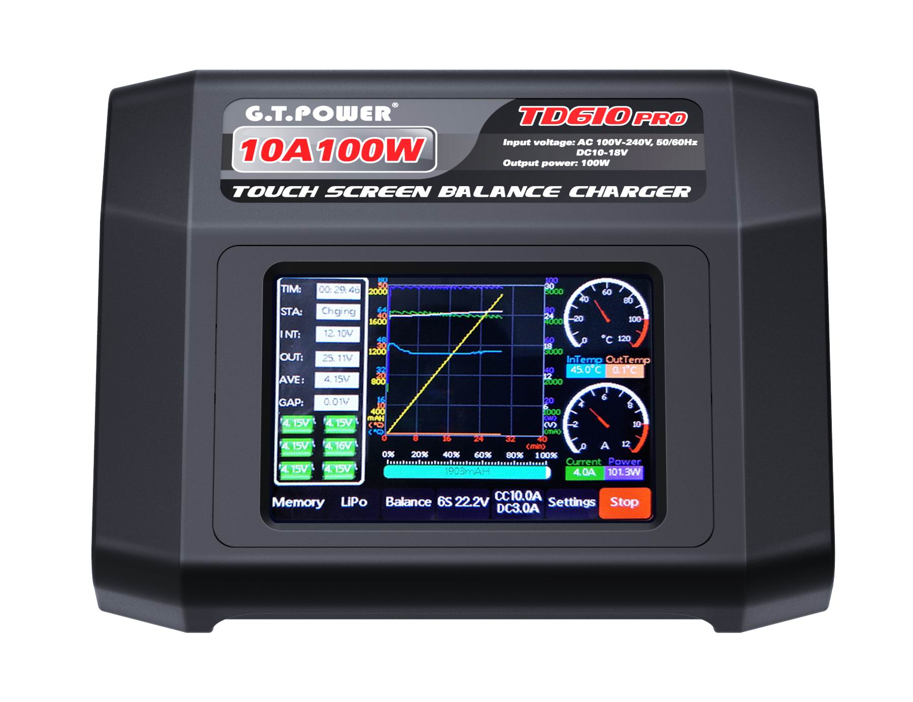 JMT GTP TD610 Profi AC 100-240 V Eingang Bunten Touchscreen 100 Watt 10A Gleichgewicht Ladegerät für LiHV 1-14 S NiCd NiMH 1-6 S LiPo Lilon leben