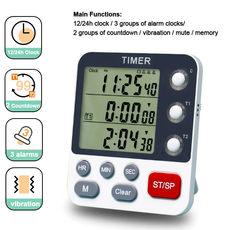 3 Channels Digital Kitchen Timer Count UP/Down Timer Adjustable 3 Levels Volume Alarm Clock LCD Display Mute Flashing Timer: green