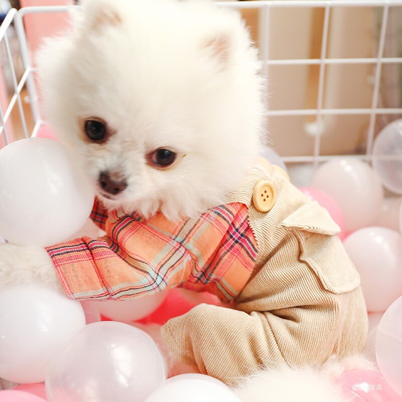 Spring Summer Dog Clothes four-legged Pink Lattice Suspenders Pet TeddyClothes Casual Button Suit XS S M L XL