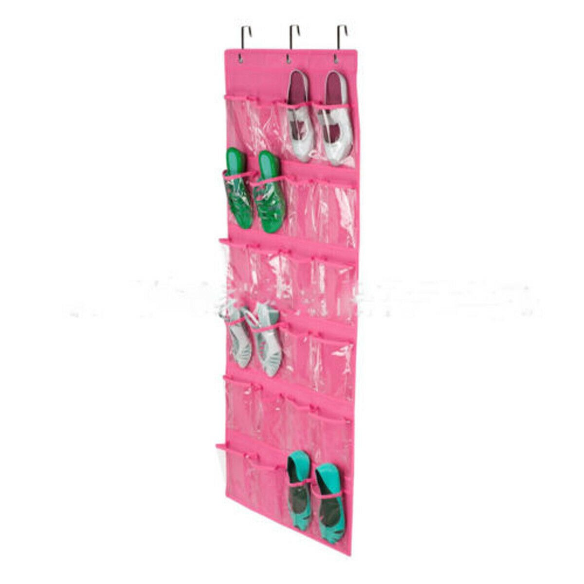 24 Pockets Shoes Storage Hanging Bags Save Space Door Wall Mount Organizer Holders: Pink Color