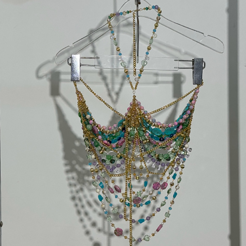 Sexy Women Handmade Turquoise Lavender Multi Stone Bead Body Chain Bikini Bra Hlater Romantic Tank Top Beachwear Lingeie