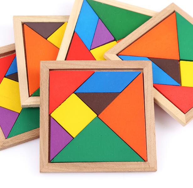 Colorful Square Wooden Tangram 7 Piece Jigsaw Puzzle Toys IQ Game Brain Teaser Intelligent Educational Toys for Kids