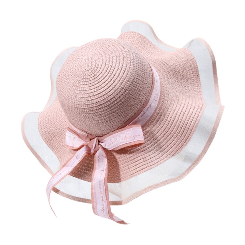 Dames zomer geweven stro slappe zonneklep hoed mesh splicing letters lint strik 56-58cm: Pk