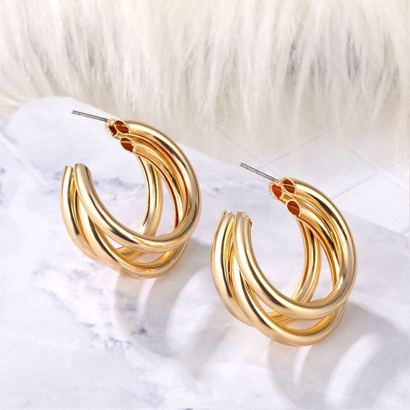 Klassieke Stijl Drie Layes Goud Zilver Kleur Metalen Oorringen Voor Vrouwen Dames Basic Sieraden Kleine Size Hoop Earring