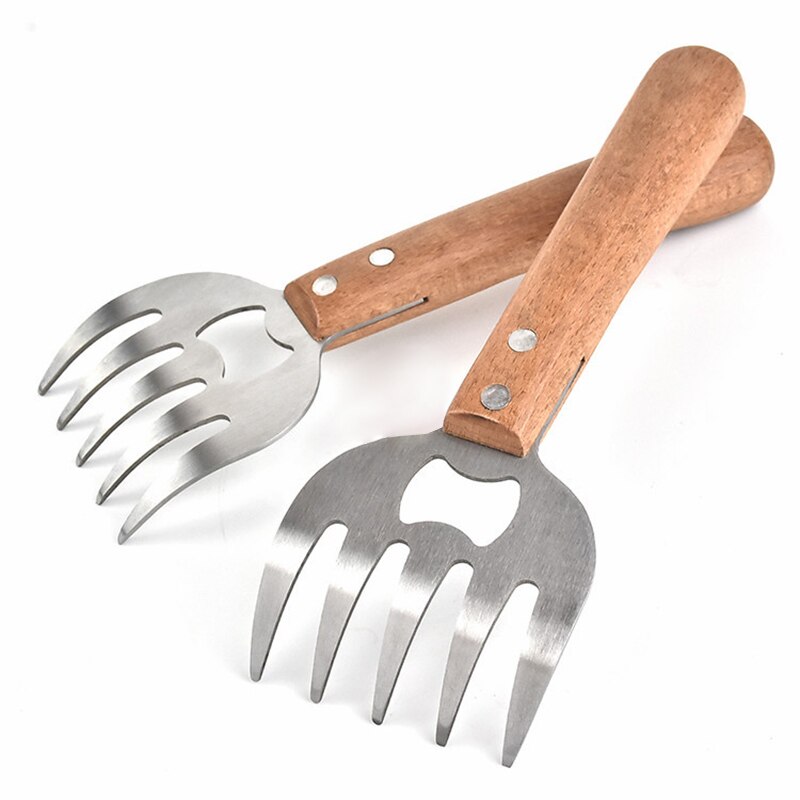 Bjørn klo kød splitter rustfrit stål kød shredder 2 i 1 kød gafler øl flaskeåbner til svinekød oksekød kylling grill bbq gadget: 2 stykker brun