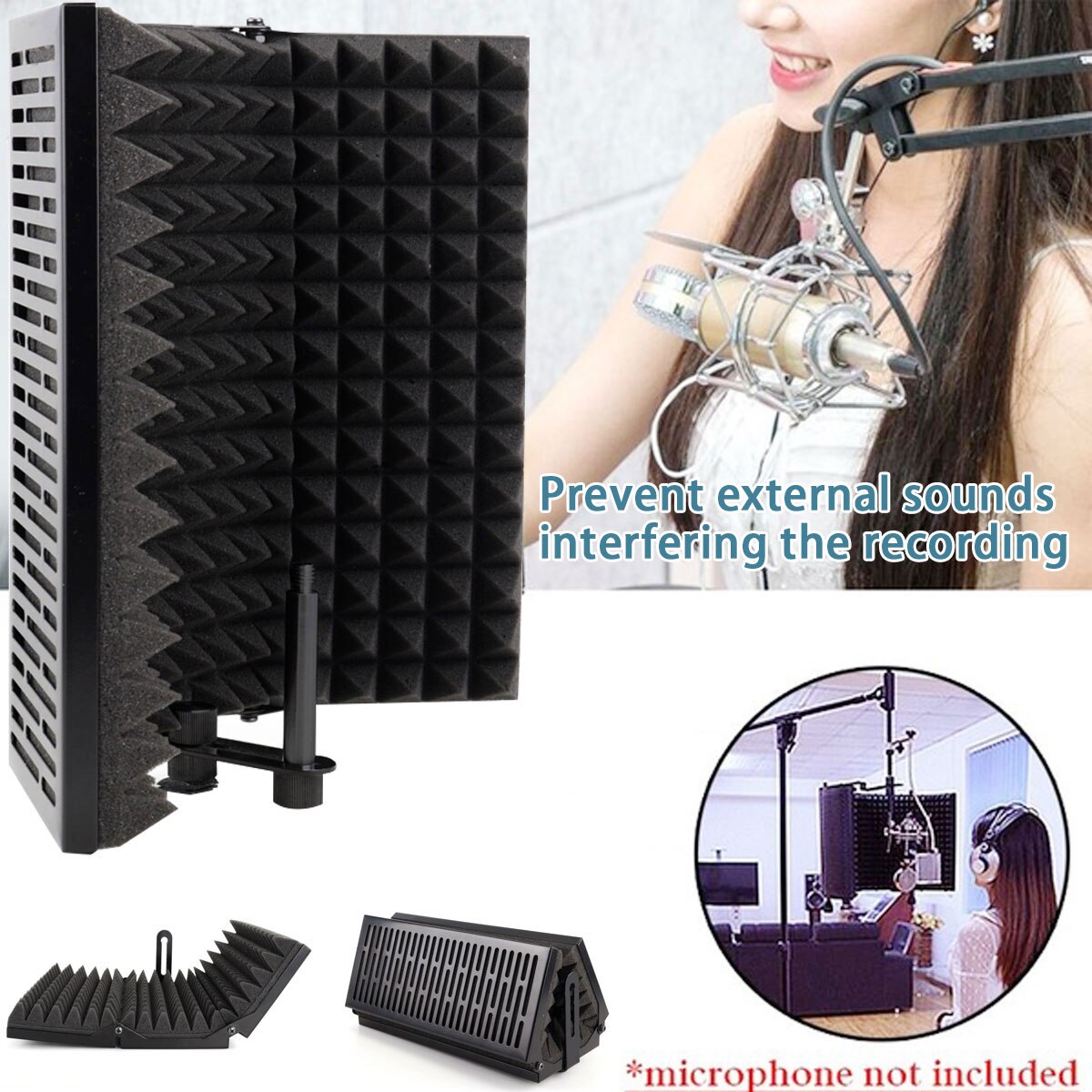 Foldable Adjustable Microphone Acoustic Isolation Shield Alloy Acoustic Foams Panel Studio Recording Microphone Accessories