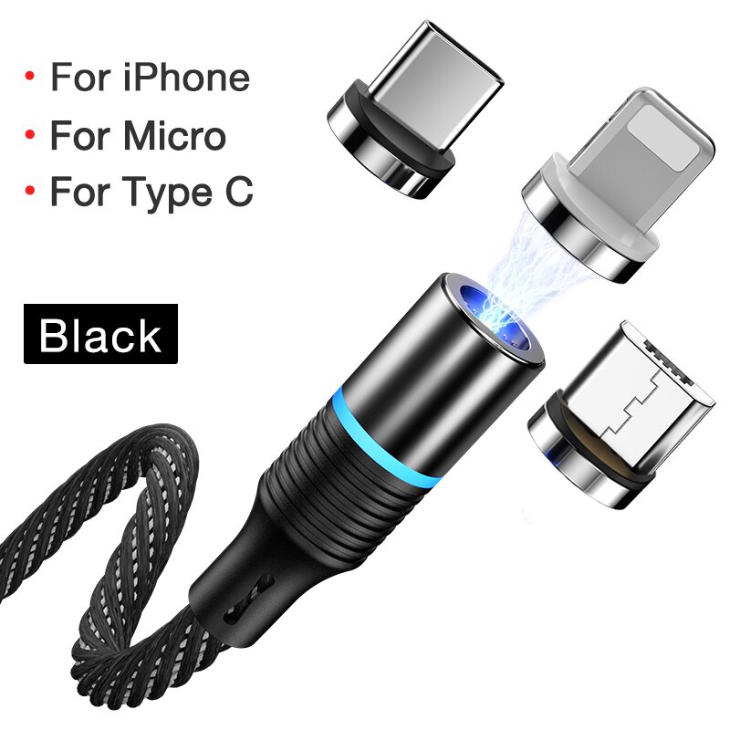 GYSO Rotate Magnetic Cable 360 Degree USB Type C Charging Cable Fast Charging Magnet Charger 360 Rotate Micro Magnetic Cable: Black 3 in 1 / 1m