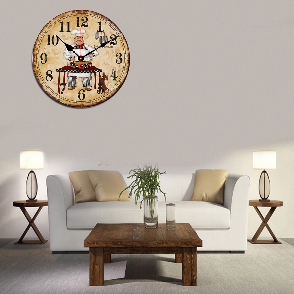 Vintage Wall Clock Italian Cooking Chef Clock Non-Ticking Clock Kitchen Wood Wall Clock