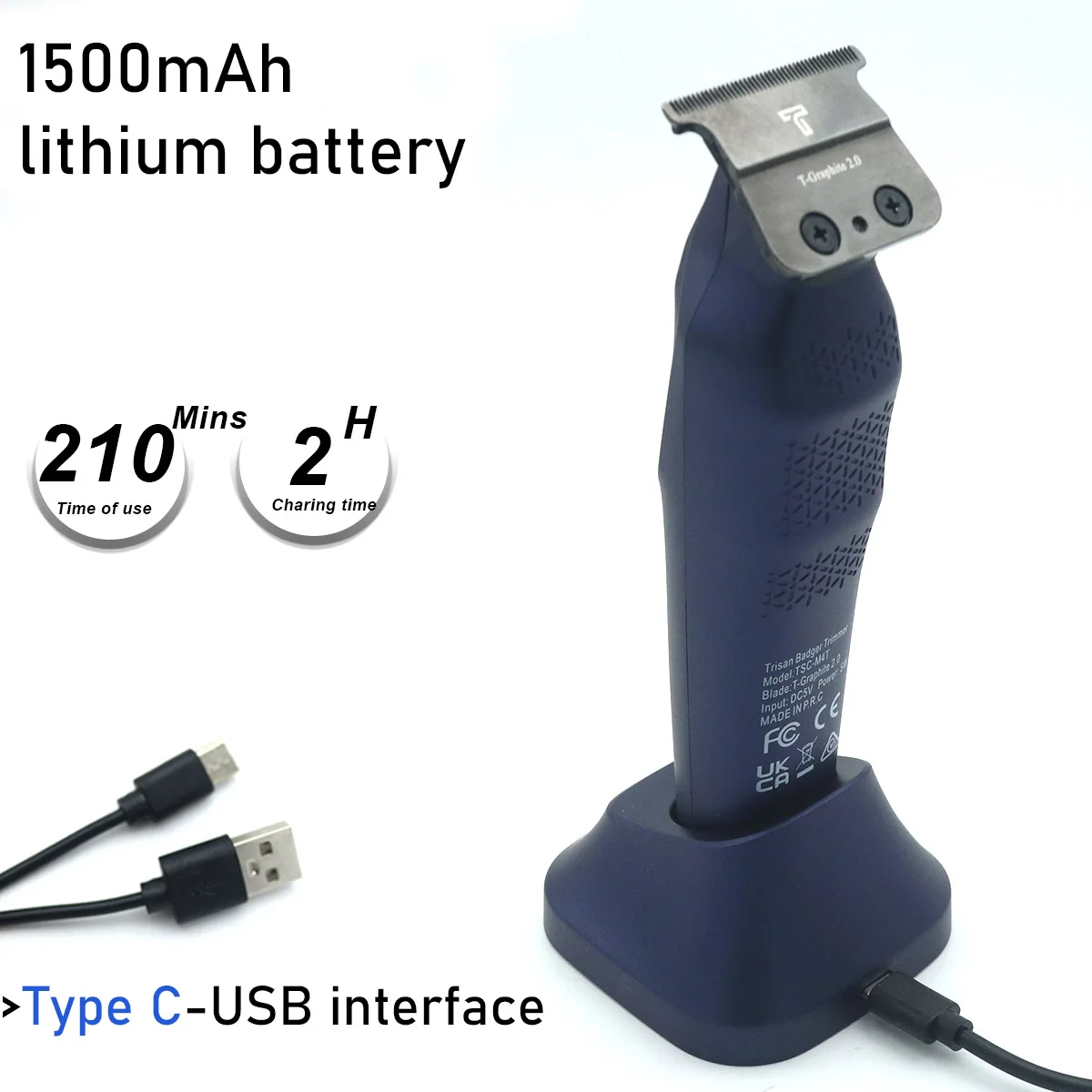 Cortadora de pelo para hombres, cuchilla en T DLC de grafito con cargador de Base, cortadora de pelo USB inalámbrica de poco ruido, máquina de acabado