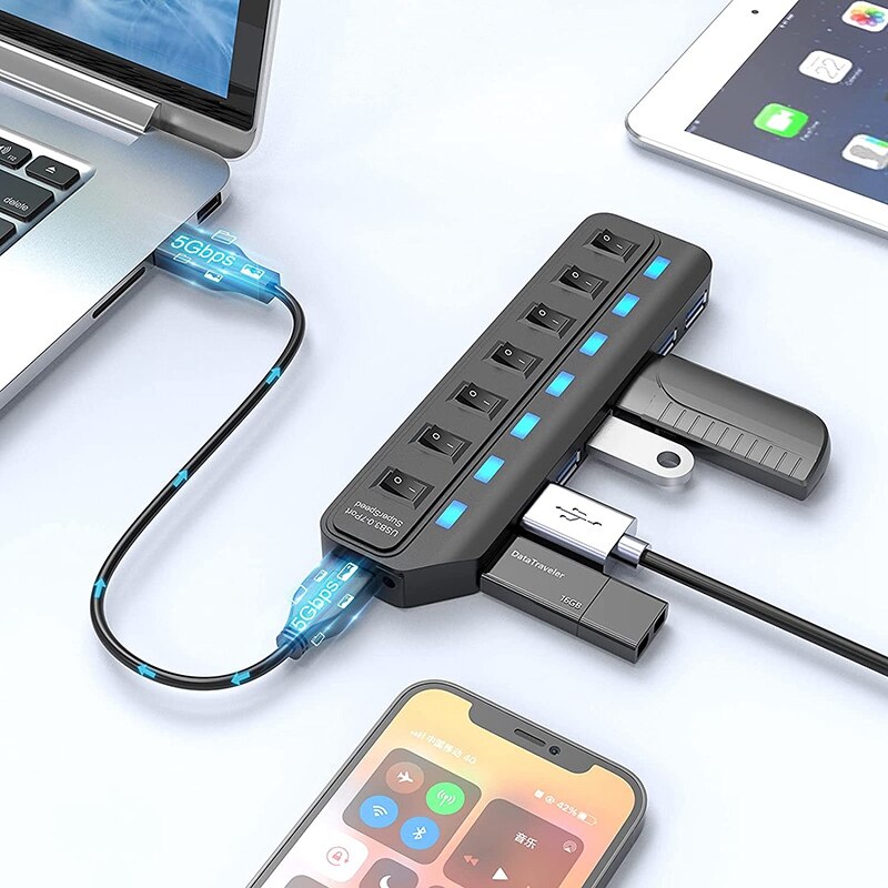 USB 3.0 Hub,7 Port USB Hub Splitter With LED Individual Power Switches 5Gbps High Speed Data USB Extension For Laptop