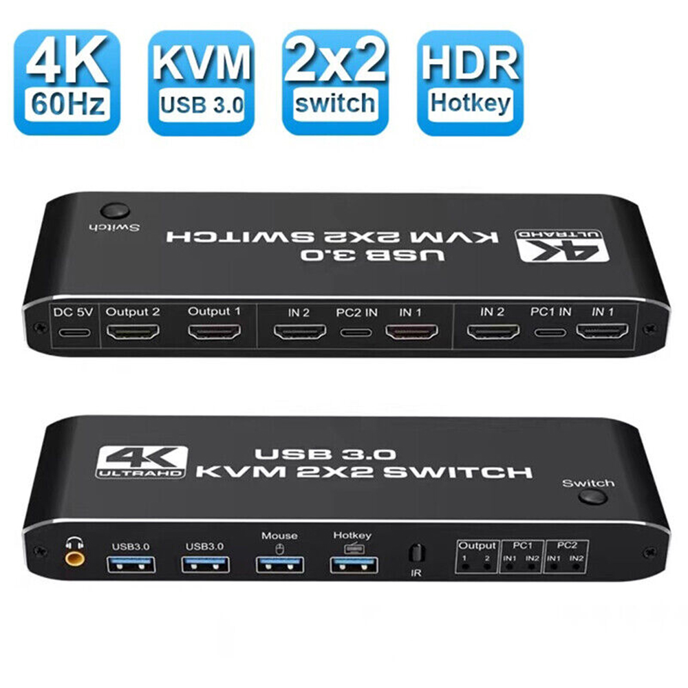 2x2 HD-MI KVM Switch 4K60Hz Dual Monitor KVM HD-MI Extended Display USB KVM Switcher 2 in 2 out for 2 Computers Share 2 Monitors