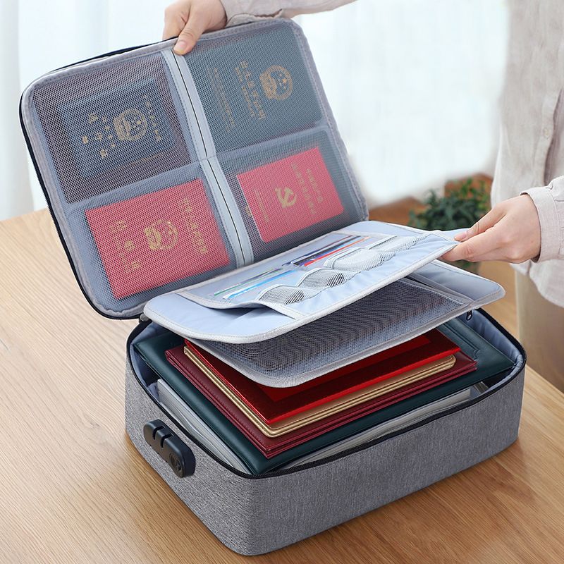 Portable Large Capacity Document Bag Password Lock File Folder Ticket Bag for Home Travel Organizer Storage Supplies Duffle Bag: 3 Layers Grey
