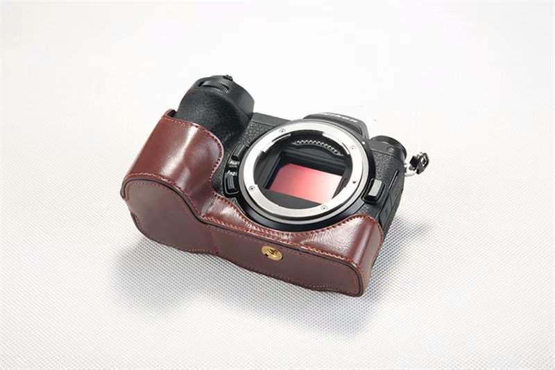 Funda de cuero Pu para cámara Nikon Z7 Z6, bolsa de medio cuerpo, correa de muñeca, cubierta inferior