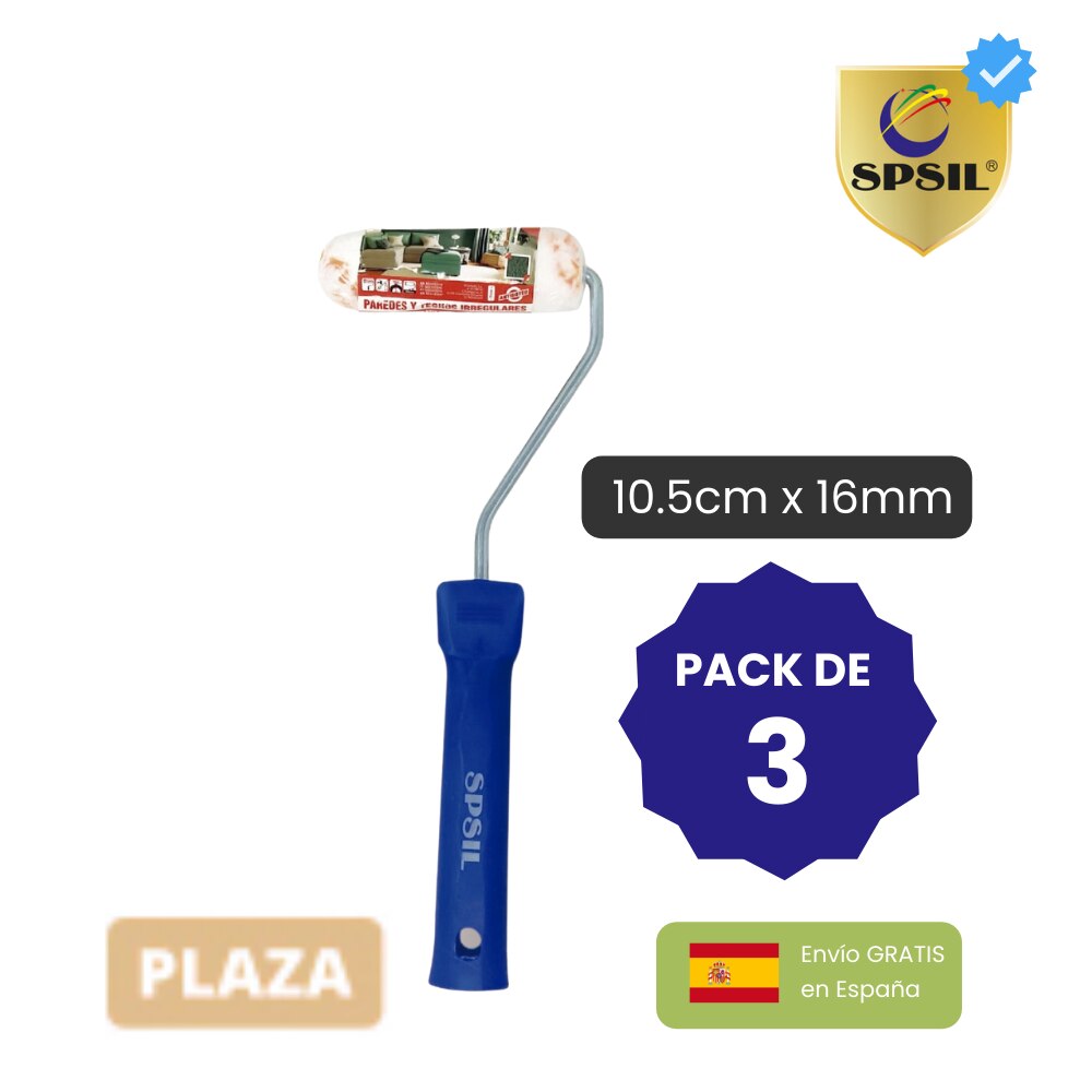 Spsil - Rodillo pintura de Microfibra PREMIUM, Especial para pintar paredes y techos Irregulares, 10.5cm x 16mm, Mango ergonómico de plástico, Diferentes tamaños, Pack de 3 rodillos, , en 48 horas