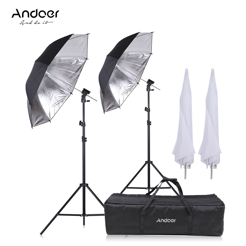Andoer Camera Dubbele Flash Shoe Mount Swivel Zachte Paraplu Kit Zachte Paraplu + B-Type Beugel + Draagtas + Light Stand + Shoemount