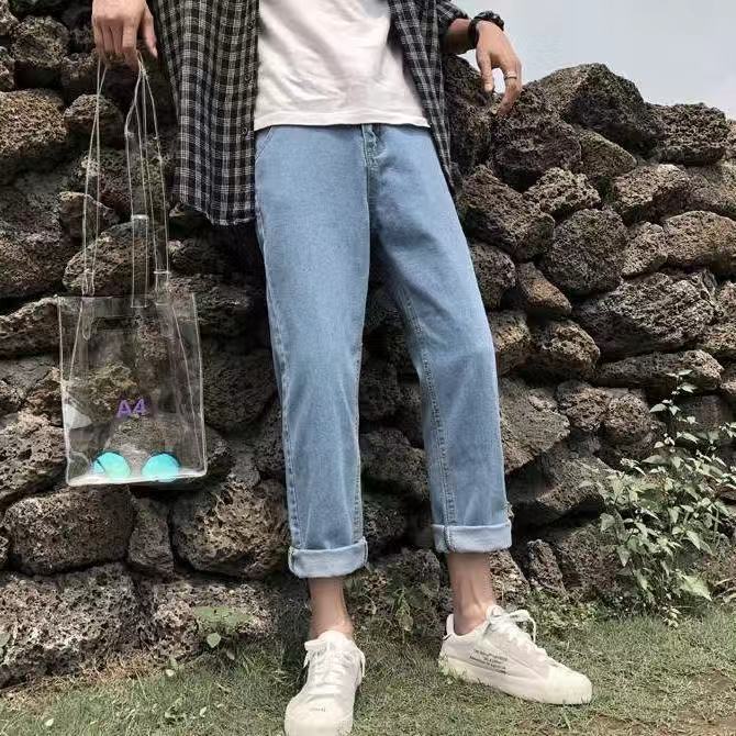 Męskie jeansy do kostek jednolity luźny Plus rozmiar 2XL myte wypoczynek eleganckie nastolatki BF luźne męskie proste spodnie jeansowe w stylu koreańskim: light blue / M