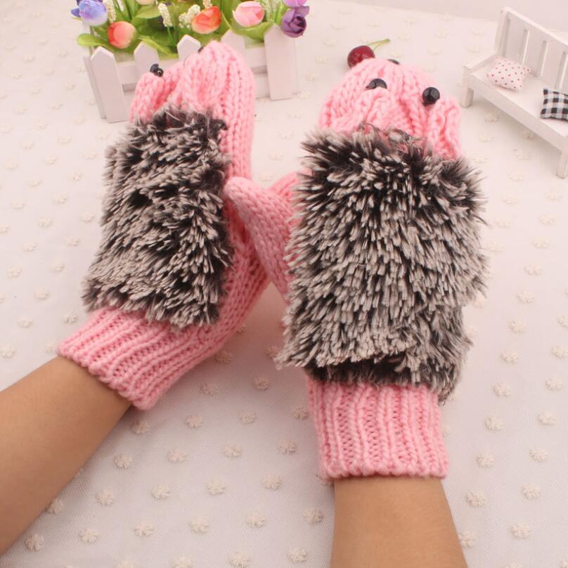Winter Gloves for Women Girls Novelty Cartoon Knit Thick Mittens Warm Fitness Gloves Hedgehog Ski Heated Wrist Mittens: G014 Pink