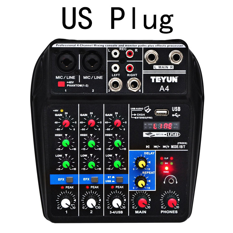 A4 Sound Mixing Console Bluetooth USB Record Computer Playback 48V Phantom Power Delay Repaeat Effect 4 Channels USB Audio Mixer: Default Title