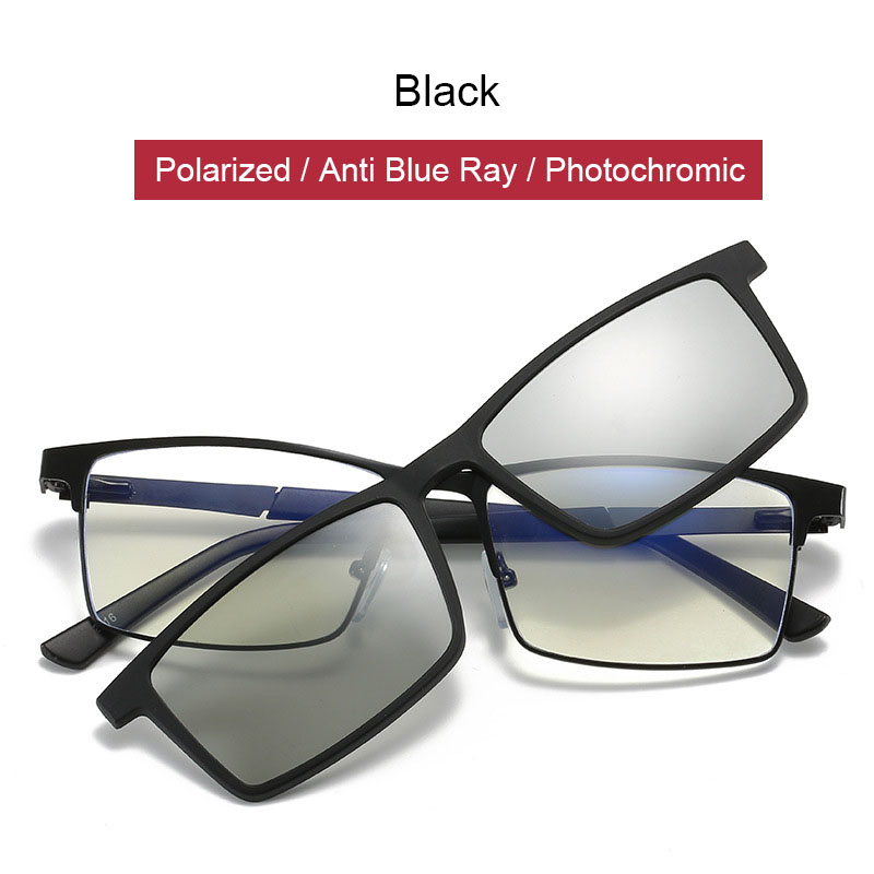 2 in 1 Magnetic Bifocal Reading Glasses Men Photochromic Polarized Clip on Sunglasses lens set Women Anti Blue light Eyewear: +200 / black