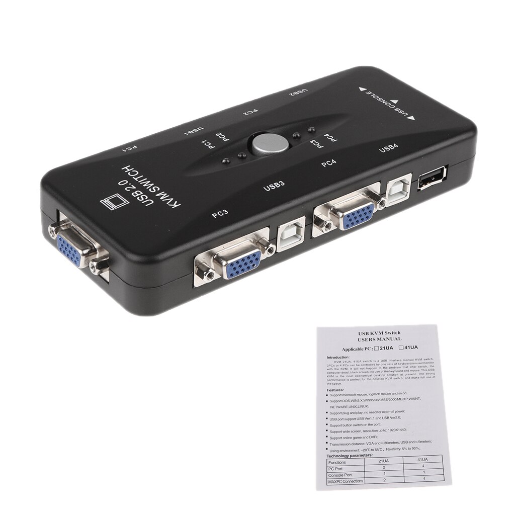 USB 2.0 KVM Switch Box Connects Printer Keyboard Mouse 4 Computers Use