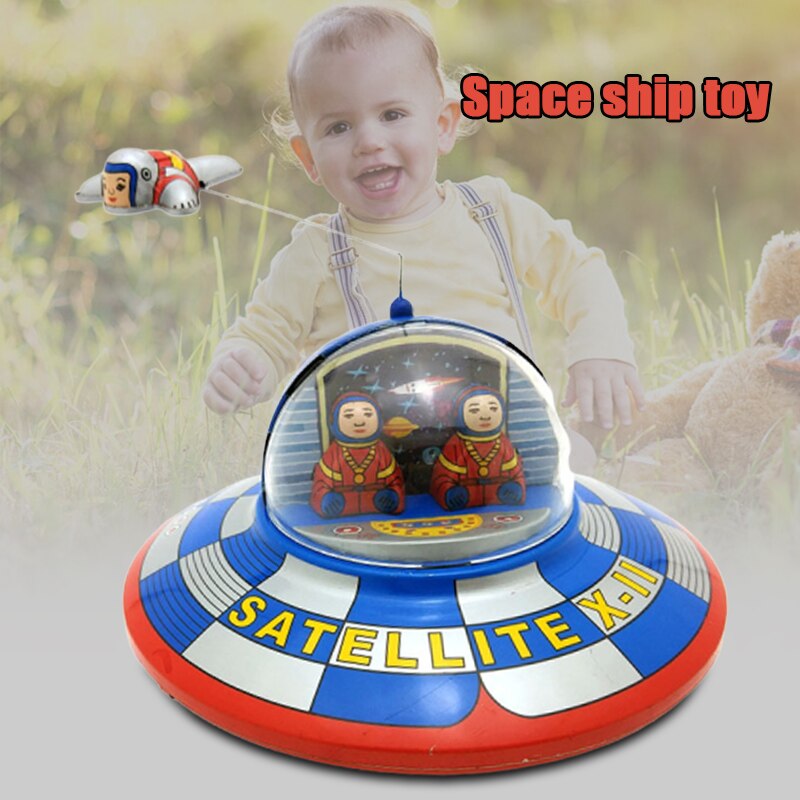 Clockwork Windup Flying Saucer Space Ship Retro Tin Toy Home Decoration LBV: Default Title