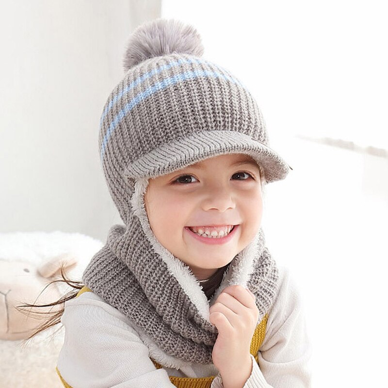 Children Winter Knit Hats Ribbed Beanie Hat Kids Cap Scarf Set Neck Warmer with Thick Fleece Lined Winter Girl Boys Ring Scarves