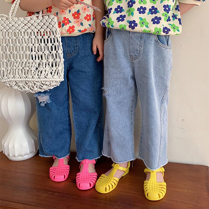 MILANCEL Été Nouveaux Enfants Pantalon Jean Déchiré à glissière Droite Vrac Solide Filles Pantalons Simple Décontracté Enfants Vêtements