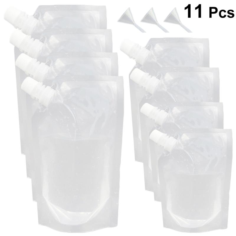11 Stuks Drinken Zak Transparant Drankjes Kolven Pouch Slant Nozzle Bag Container Met 2 Stuks Trechter (210 Ml Zak, 410 Ml Zak, 1000 Ml Zak)