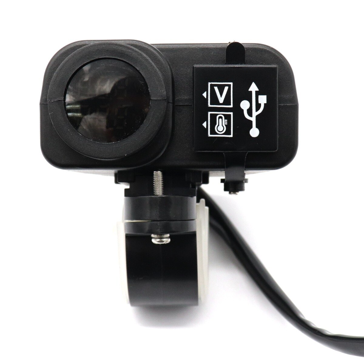 Chargeur usb double étanche pour moto 5v en 4.2a et voltmètre avec affichage de la tension et de la température pour montage sur guidon 7/8 et 1 "