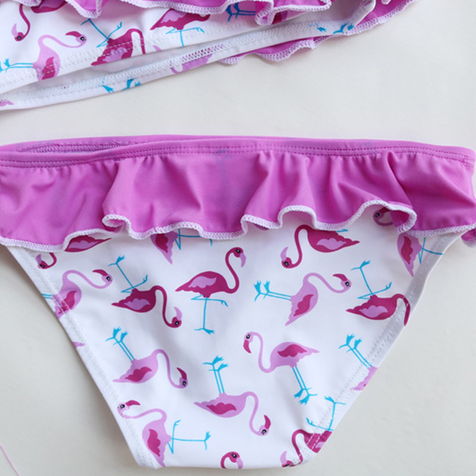 2-14 Years Baby Girl Swimsuit Kids Flamingo Cartoon Split Swimsuit Set Teenager Bikinis One Shoulder Girls Bathing Suit Ruffle