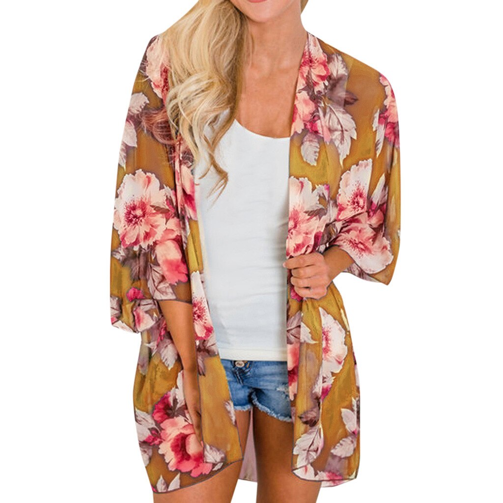 Dam chiffong lös sjal ledig sommar strand blommig kofta kappa chiffong kimono blus solskydd täck ups våren: Gul / Xxl