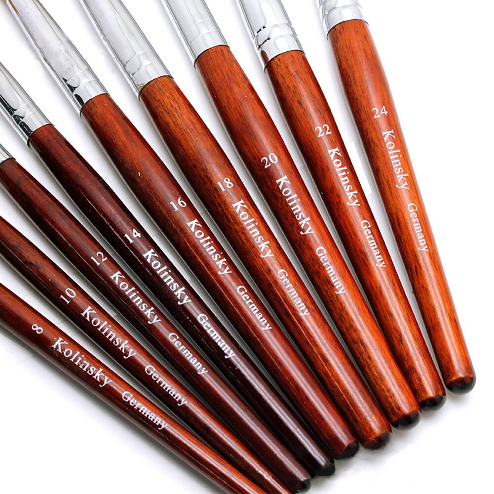 Pincel redondo plano Kolinsky para uñas, brocha de Gel para manicura, con mango de madera