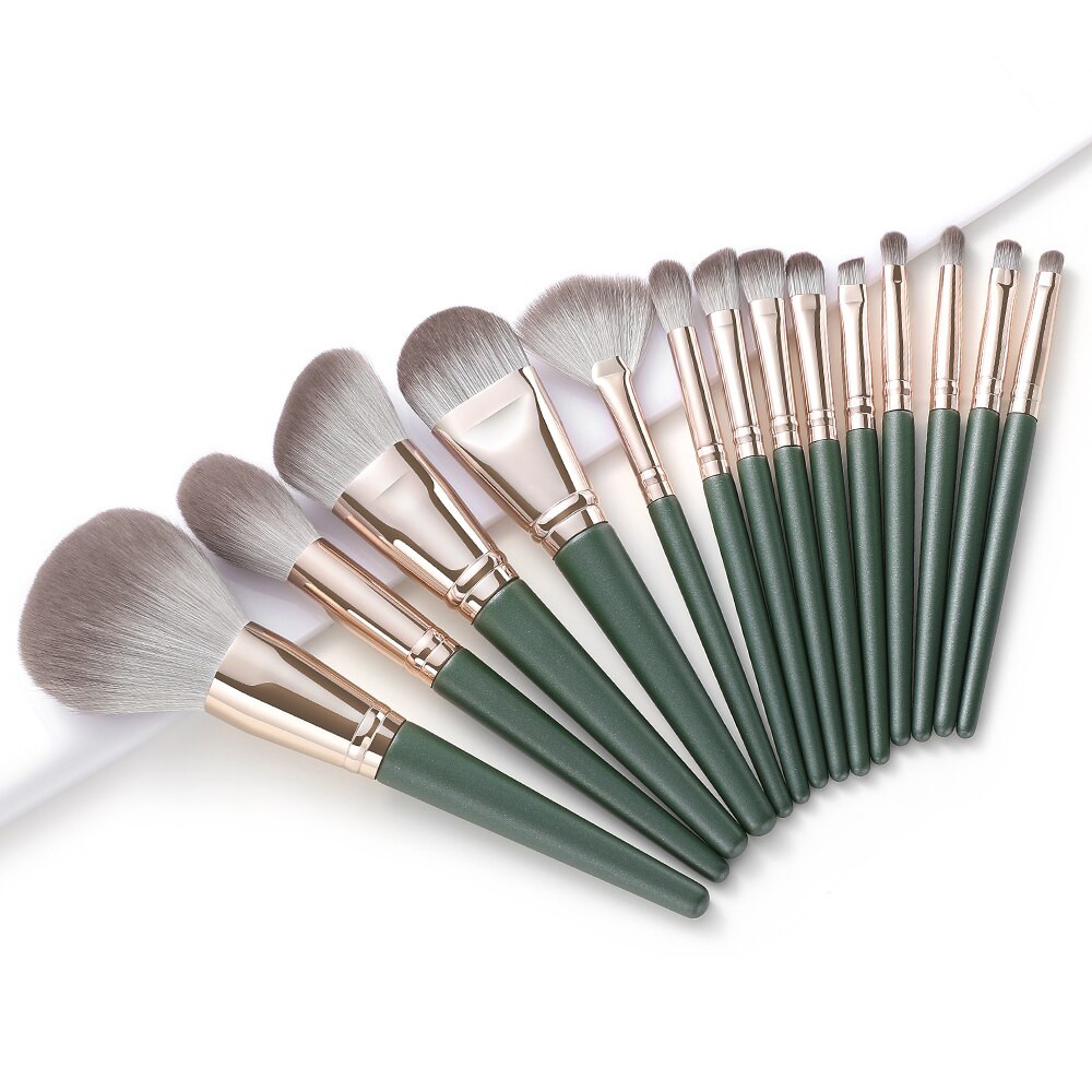 XINYAN 14pcs Makeup Brushes Set Eyeshadow Powder Green Matte Wood Handle Concealer Cosmetic Eyebrow Beauty Tool