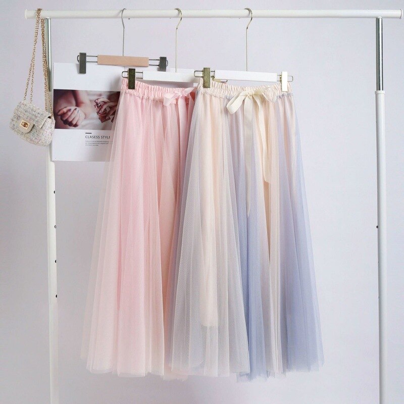 Regenboog Kind Elegante Tule Rok Zomer Lente Swing Vrouwen Leuke Roze Blauw Lange Rokken Meisje High School Student Kid Tutu rok