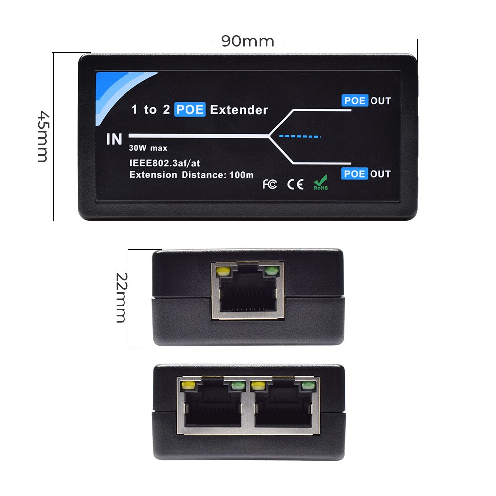 2 Port POE Extender 10/100Mbps 1.0gbps with IEEE 802.3af Standard Input / Output for IP Camera Extend 100 meters for POE range