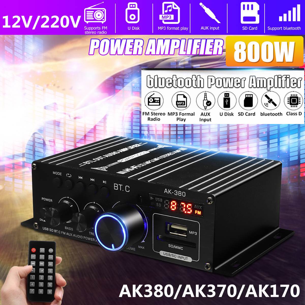 2 Channel Bluetooth 800W Power Amplifier AK380/AK370/AK170 Audio Karaoke Home Theater Amplifier Class D Amplifier USB SD AUX