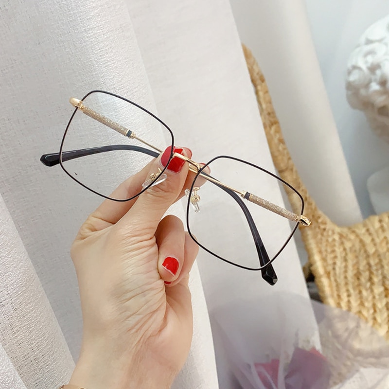 Anti-blue light crystal shiny leg women's glasses alloy square pink gold eyeglasses female computer eyewear: black gold