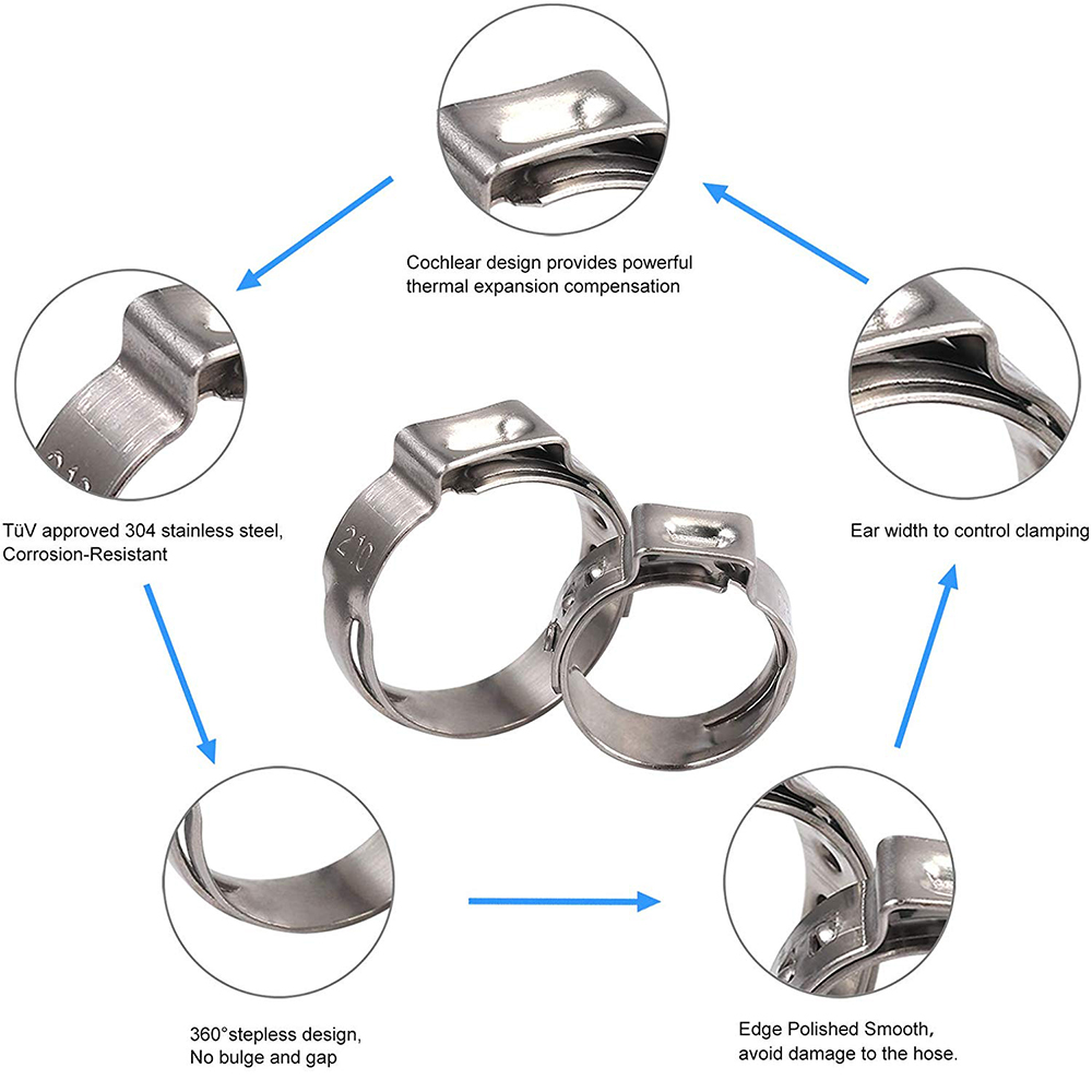 Crimpadora de abrazadera de manguera continua de un solo oído con abrazaderas Cinch de acero inoxidable, Kit de herramientas de prensado de manguera Universal, 131 Uds.
