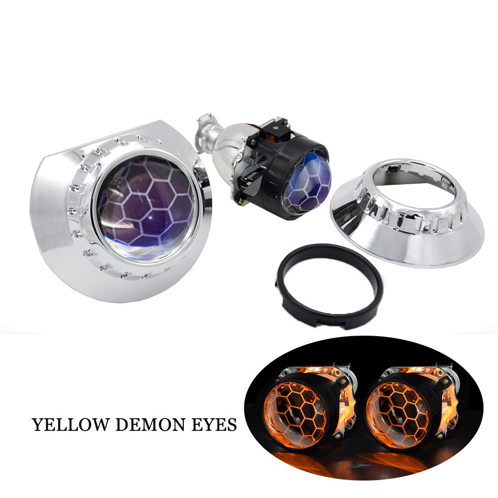 YUFANYA 2,5 Zoll Bi Xenon Projektor Blau Beschichtung Waben Objektiv 3,0 Silber Maske passen H4 H7 Auto Motorrad Scheinwerfer Montage Bausatz: Gelb Dämon Augen