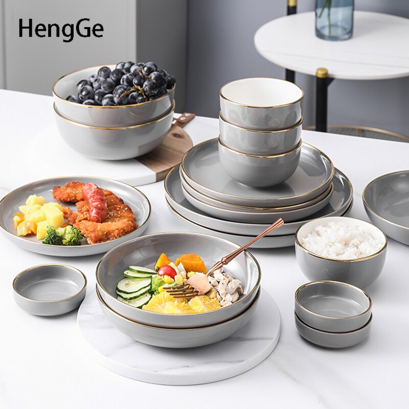 Light Luxury Ceramic Plate Smoke Gray Golden Rim Dinner Plates Dessert Dish Soup Bowl Dinning Room Western Tableware Set
