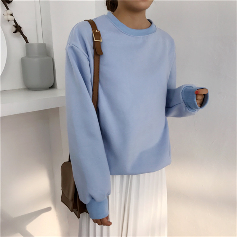 Sudaderas mujer harajuku solid sweatshirt kvinder langærmet hættetrøje løs kvinder hættetrøjer sweatshirts afslappet træningsdragt: Himmelblå