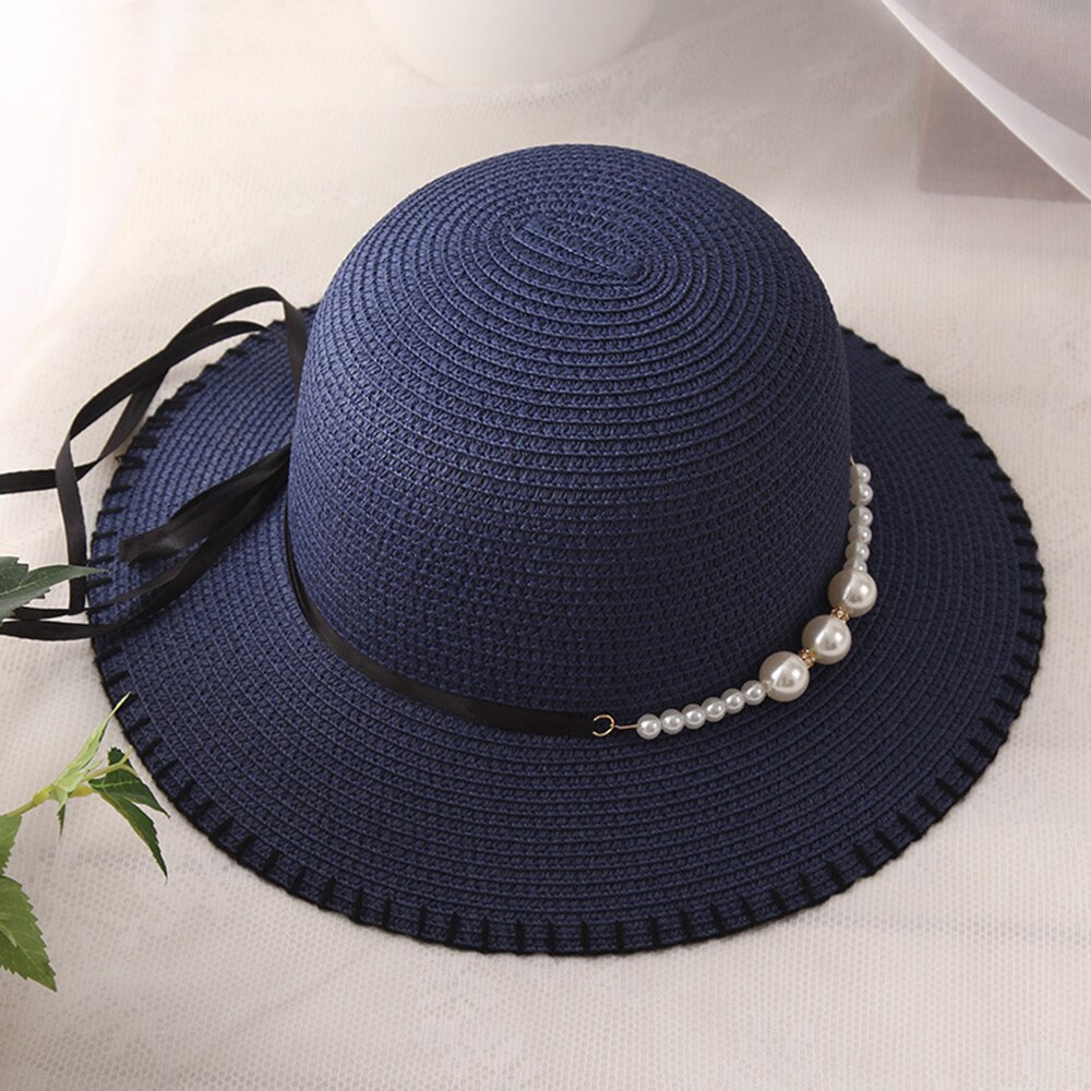 zomer Mode Zomer vrouwen Opvouwbare Wide Brim Grote Elegante Parel Strand Zonnehoed Stro Strand Cap Voor dames Meisjes: 4